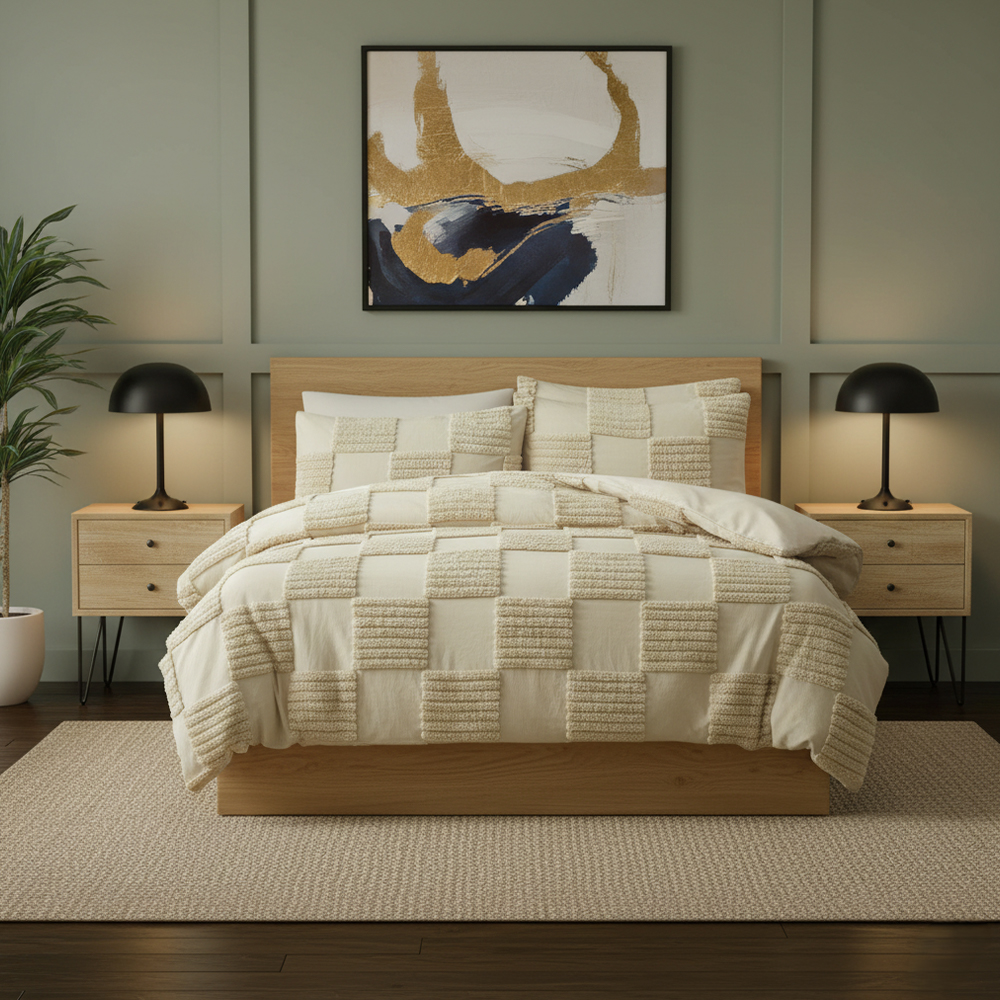 Eden Tufted Geometric Check Chenille ชุดเครื่องนอนปักลาย Chenille
