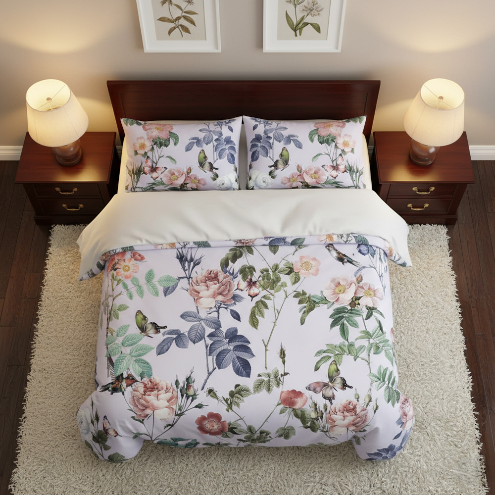 Cathy Vintage Floral & Bird พิมพ์ผ้านวมชุดผ้านวมชุดเครื่องนอน
