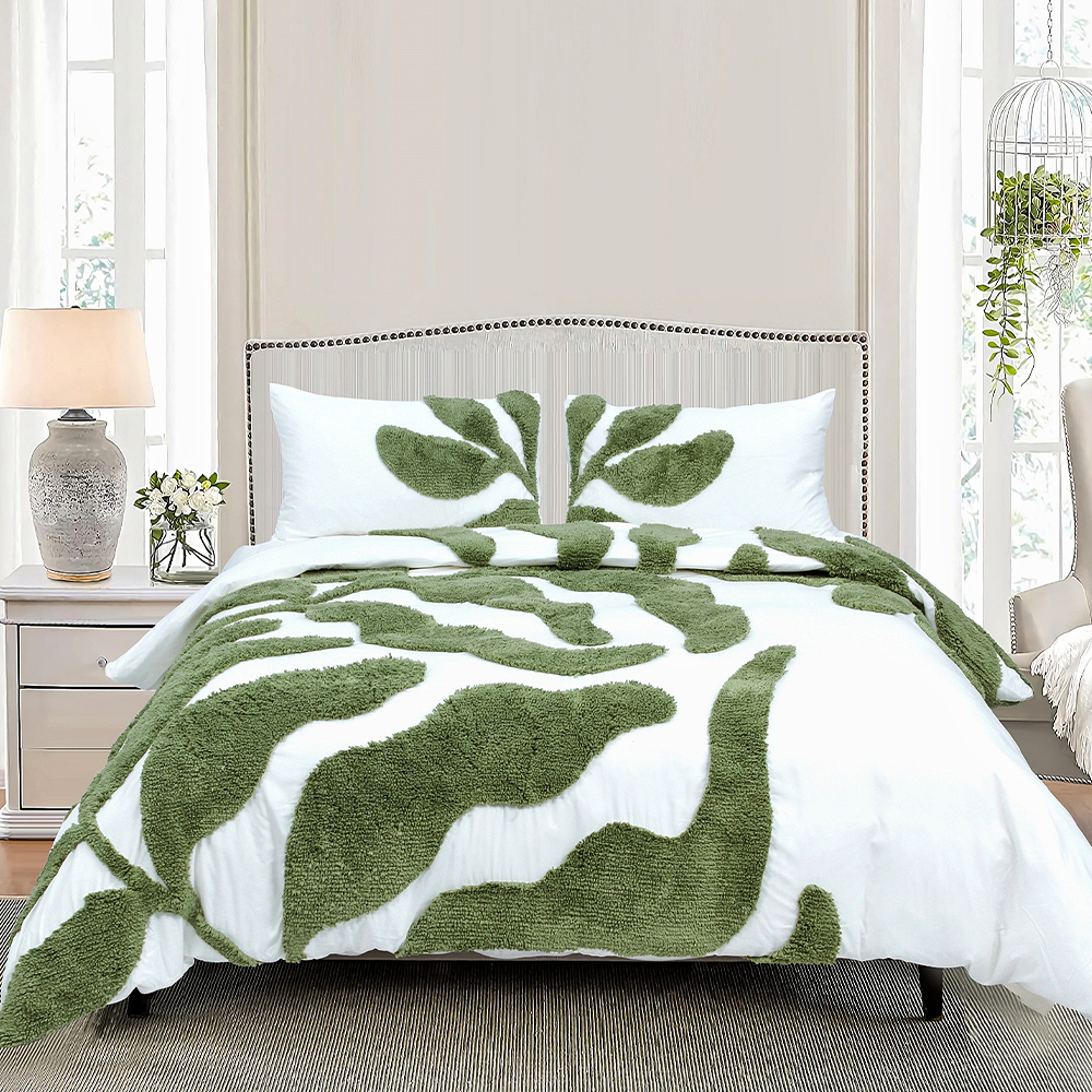 Belle พฤกษศาสตร์ขนาดใหญ่ Leaf Tufted Chenille เย็บปักถักร้อยผ้านวมชุดผ้านวมชุดเครื่องนอน